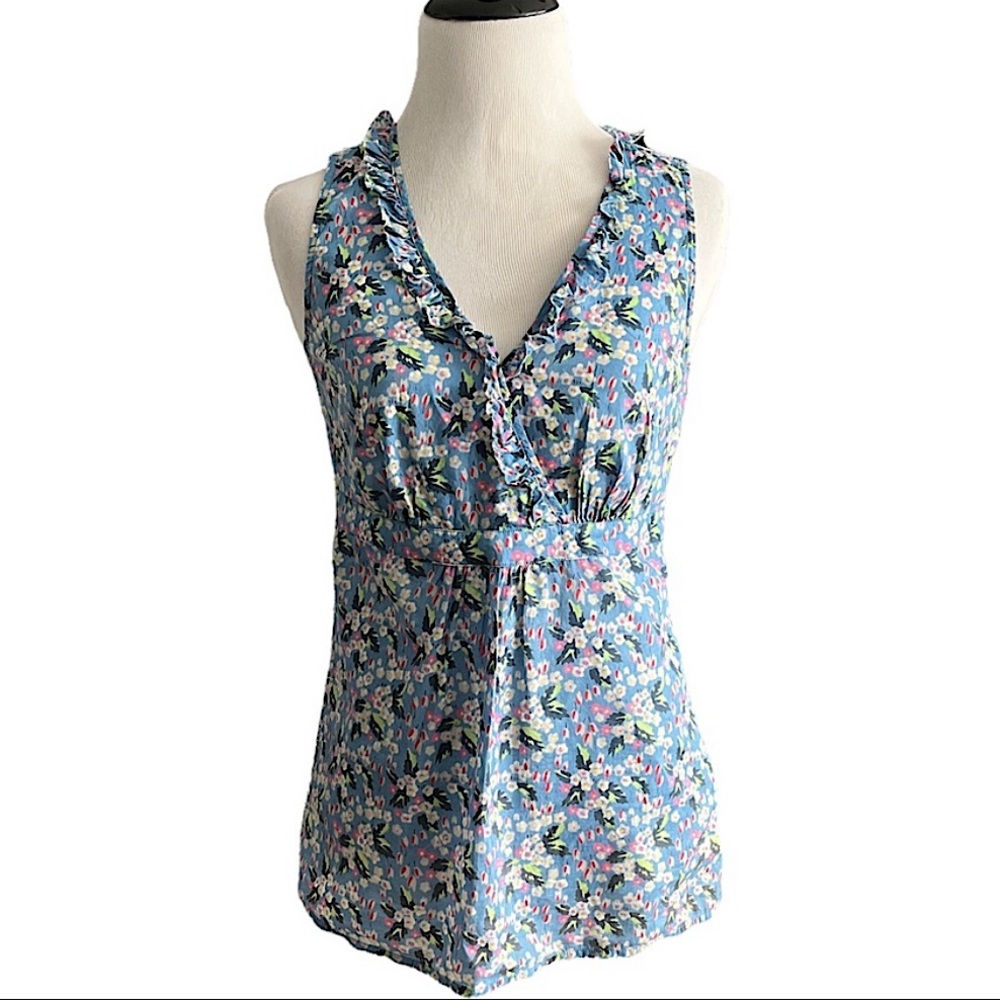 BODEN rare blue ditzy floral ruffle sleeveless top Cottagecore cotton 2 like new